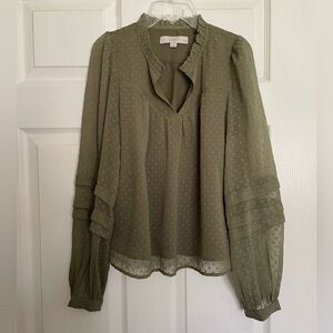LOFT Olive Green Sheer Long Sleeve Blouse XS Petite